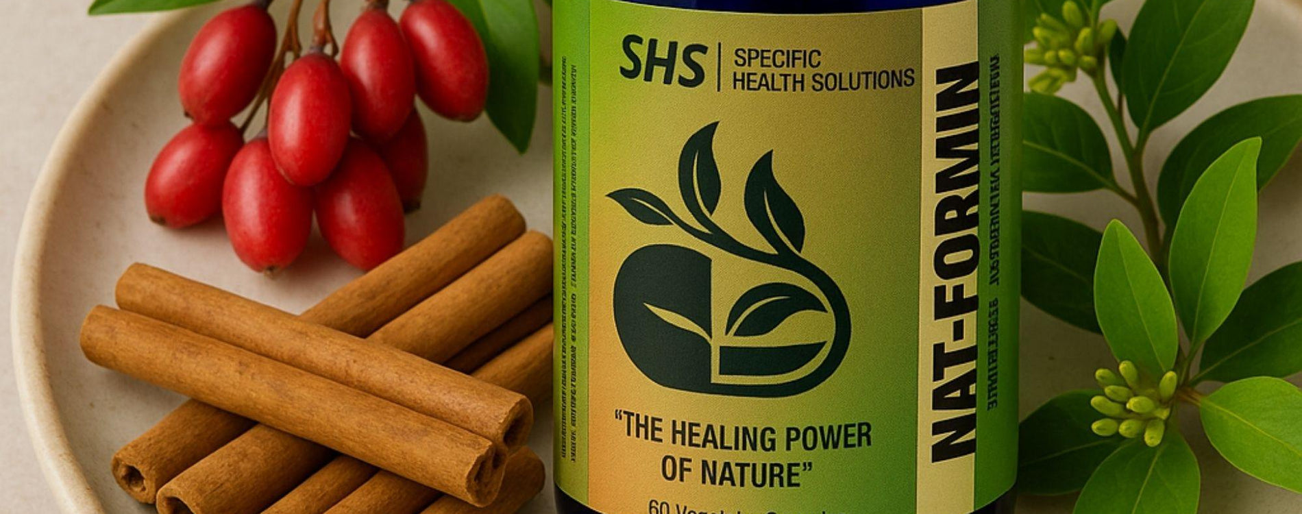 SHS Specific Health Slutions Nat-Formin ' The healing Power of Nature" Reduces Glucose Level 60 vegettable capsules ( Ceylon  Cinnamon, Gymnema Sylvestre, Berbrine HCL)