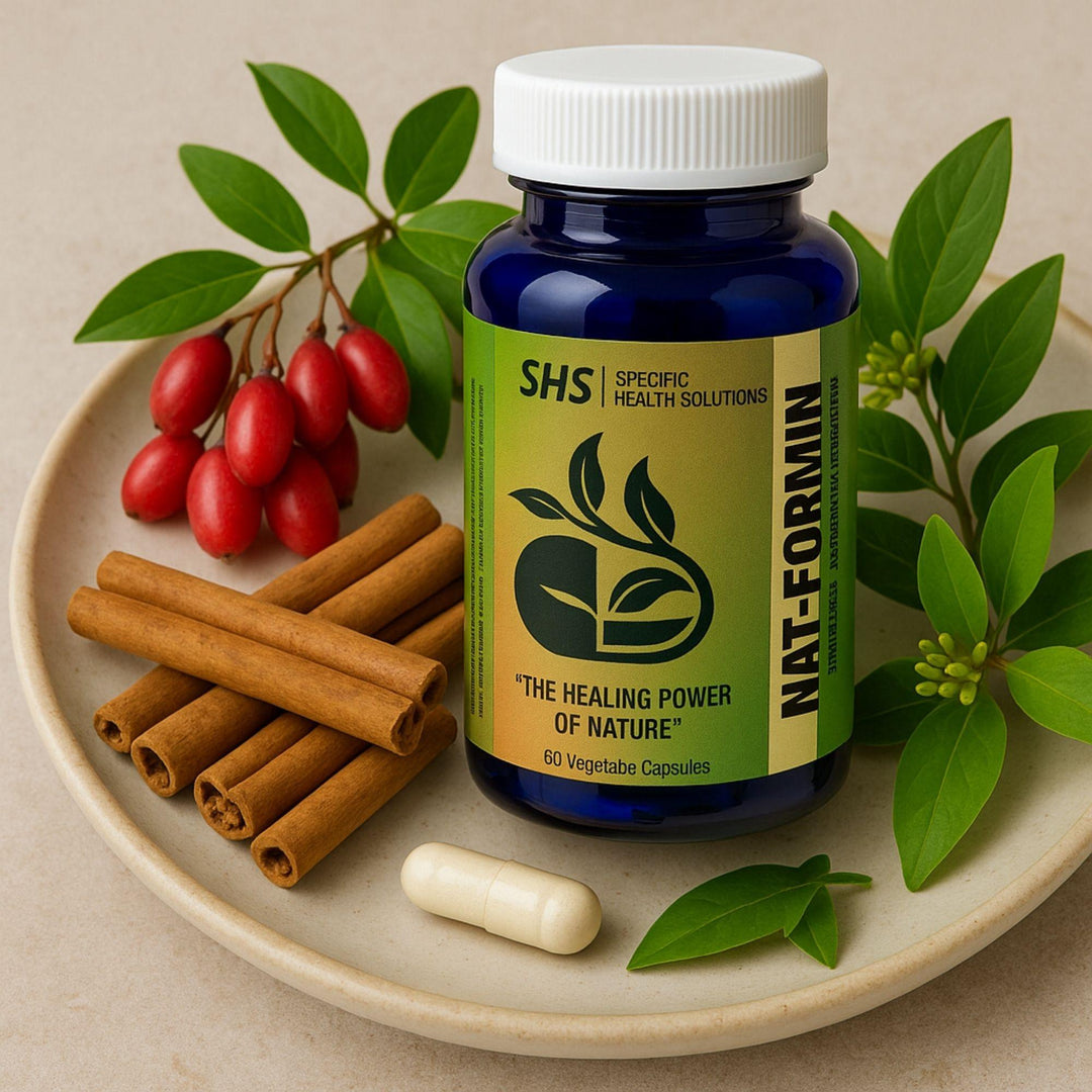 SHS Specific Health Slutions Nat-Formin ' The healing Power of Nature" Reduces Glucose Level 60 vegettable capsules ( Ceylon  Cinnamon, Gymnema Sylvestre, Berbrine HCL)