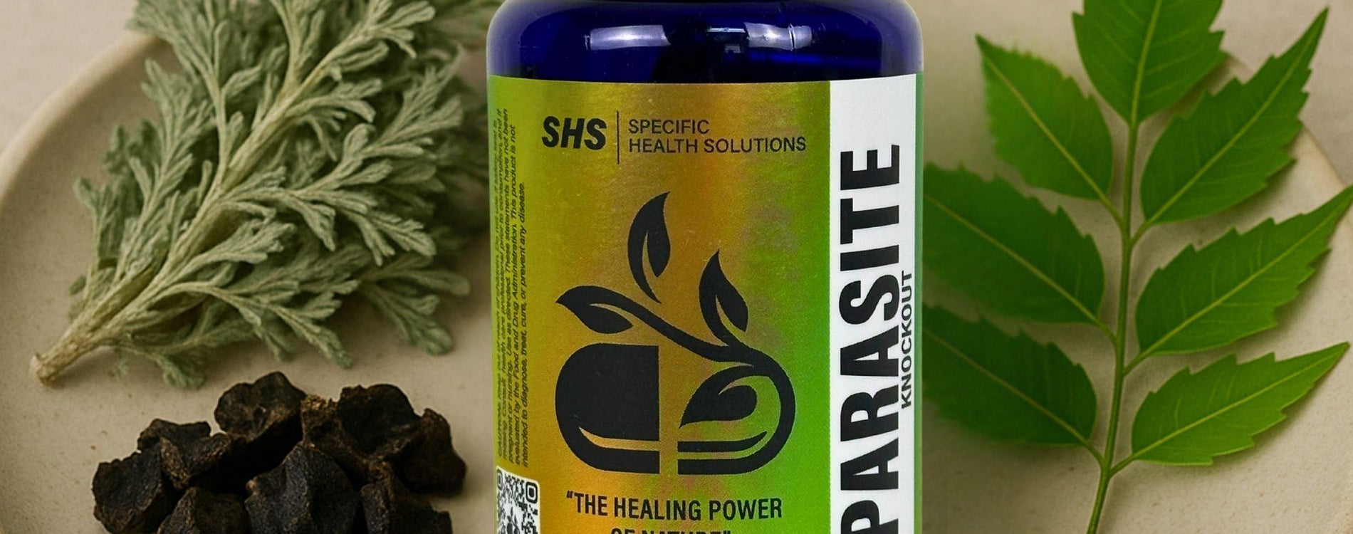 SHS Specific Health Solutions Parasit Knockout " The healing Power of Nature" 60 Vegetalbe capsules - withith Herbs background ( Black Walnut Hull, Wormwood , Neem Leaf , and Cloves )