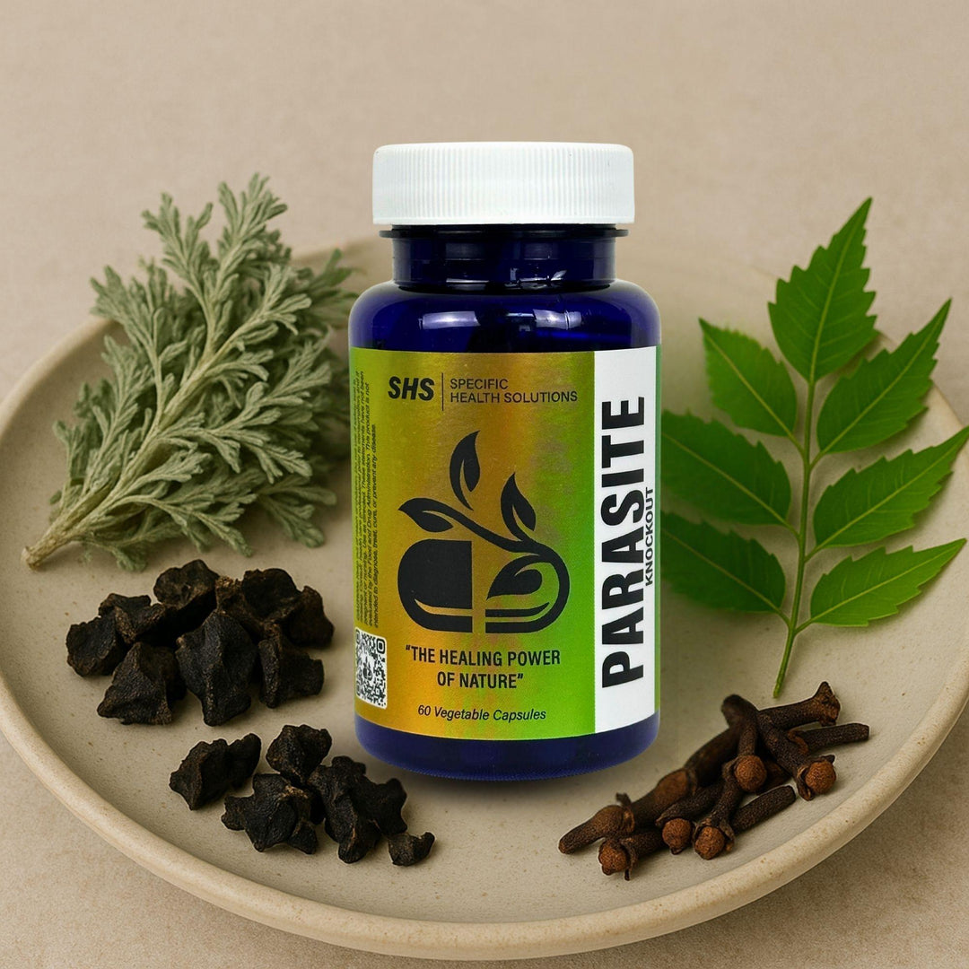 SHS Specific Health Solutions Parasit Knockout " The healing Power of Nature" 60 Vegetalbe capsules - withith Herbs background ( Black Walnut Hull, Wormwood , Neem Leaf , and Cloves )