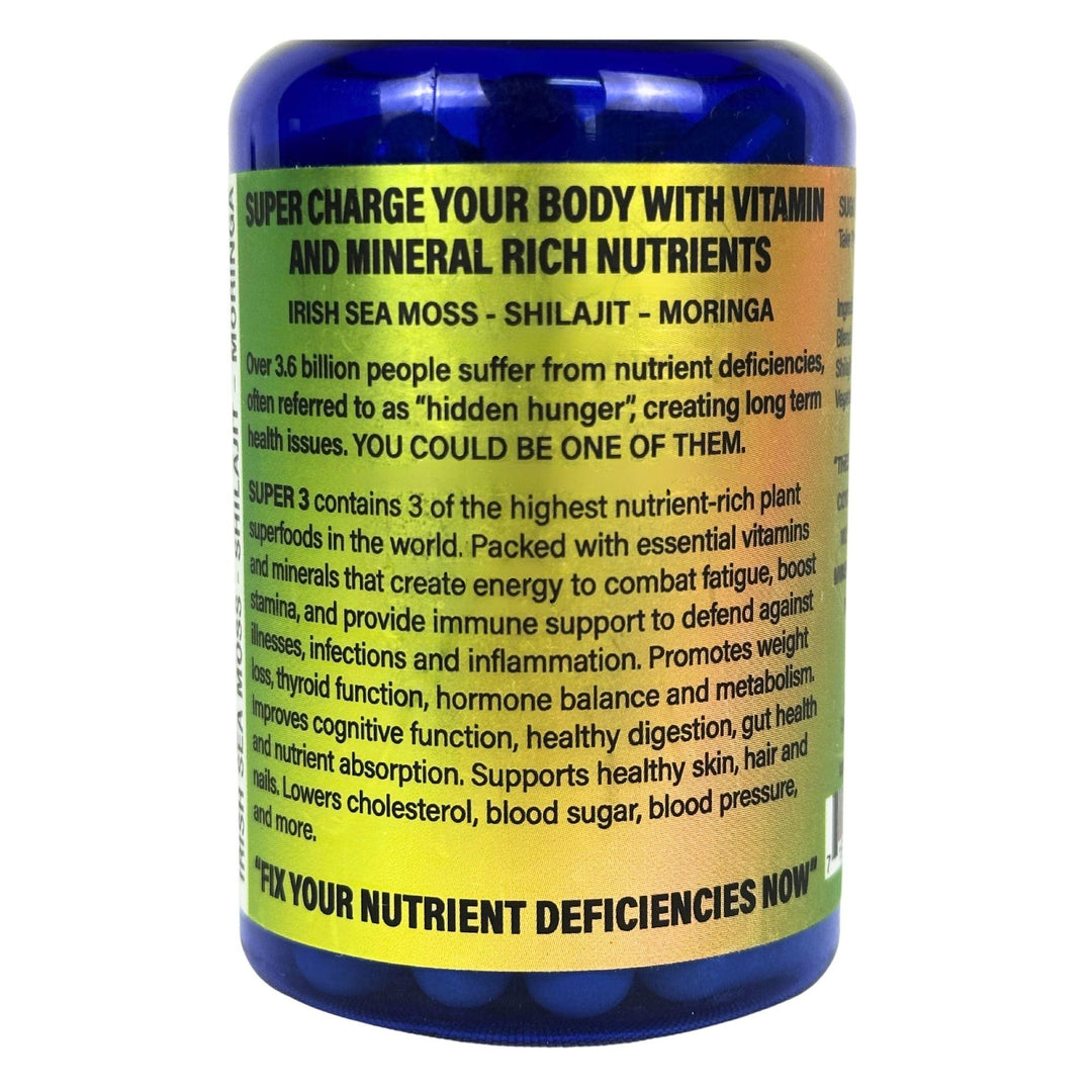 Super Charge Your Body with Vitamin and Mineral Rich Nutrients ( Irish Sea Moss, Shilajit, Moringa) 3 of the highest nutrient rich plant superfoods in the world. Packed with essential vitamins and minerals that create energy to combat fatigue, boost stamina and provide immune support. " Fix Your Nutrient Deficieances Now!"