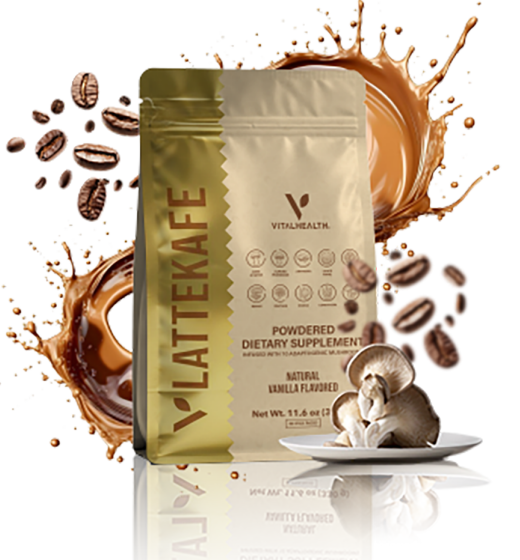 Pouch of Lattekafe by Vital Health dietary supplement, shown on a white background with coffee splash graphics, scattered coffee beans, and a small plate with vanilla-flavored mushrooms. The package is metallic gold and beige with brown text.