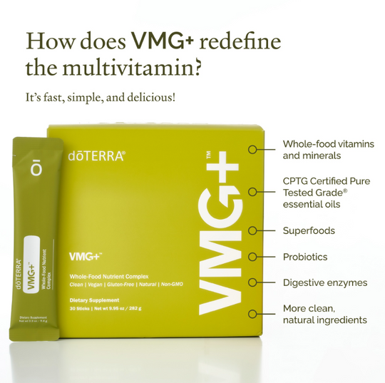 VMG+ redifine the multivitamin! Superfoods, CPTG Certified Pure tested essential oils. Probiotics, Digestive enzymes and more clean natural ingredients