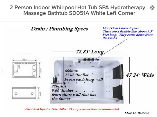 Hydrotherapy  Indoor Whirlpool Hot Tub SPA Massage Bathtub - 2 Person