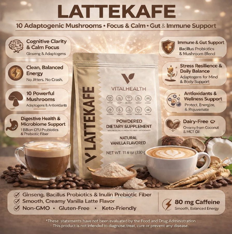 Vital Health LatteKafe powdered dietary supplement package shown on a branded promotional background with coffee cups, coffee beans, and ingredient callouts.