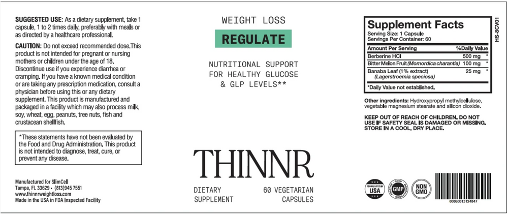 Front and back label of Thinnr Reguate dietary supplement capsules, showing usage, warnings, supplement facts, and branding on a white background.