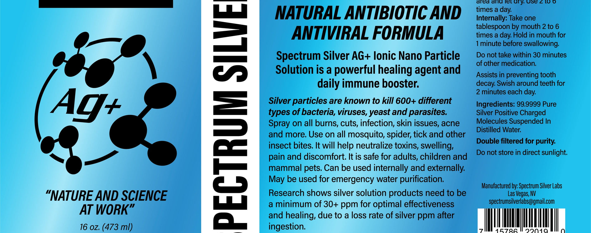SSL Spectrum Silver 45PPM/70+micro-siemens Nature's most effective natural antibiotic and anti viral formula. Spectrum Silver AG+Ionic Nano Particle Solution is a powerful healing agent and daily immune booster. 