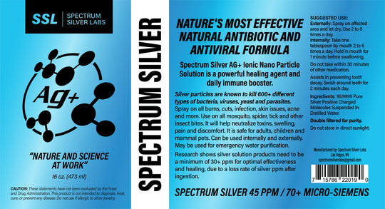 SSL Spectrum Silver 45PPM/70+micro-siemens Nature's most effective natural antibiotic and anti viral formula. Spectrum Silver AG+Ionic Nano Particle Solution is a powerful healing agent and daily immune booster. 