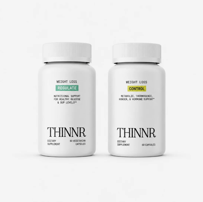 Two THINNR Weight Loss Dietary Supplement with a clean white background. The left bottle is labeled 'REGULATE'  and the right bottle is labeled 'CONTROL' 