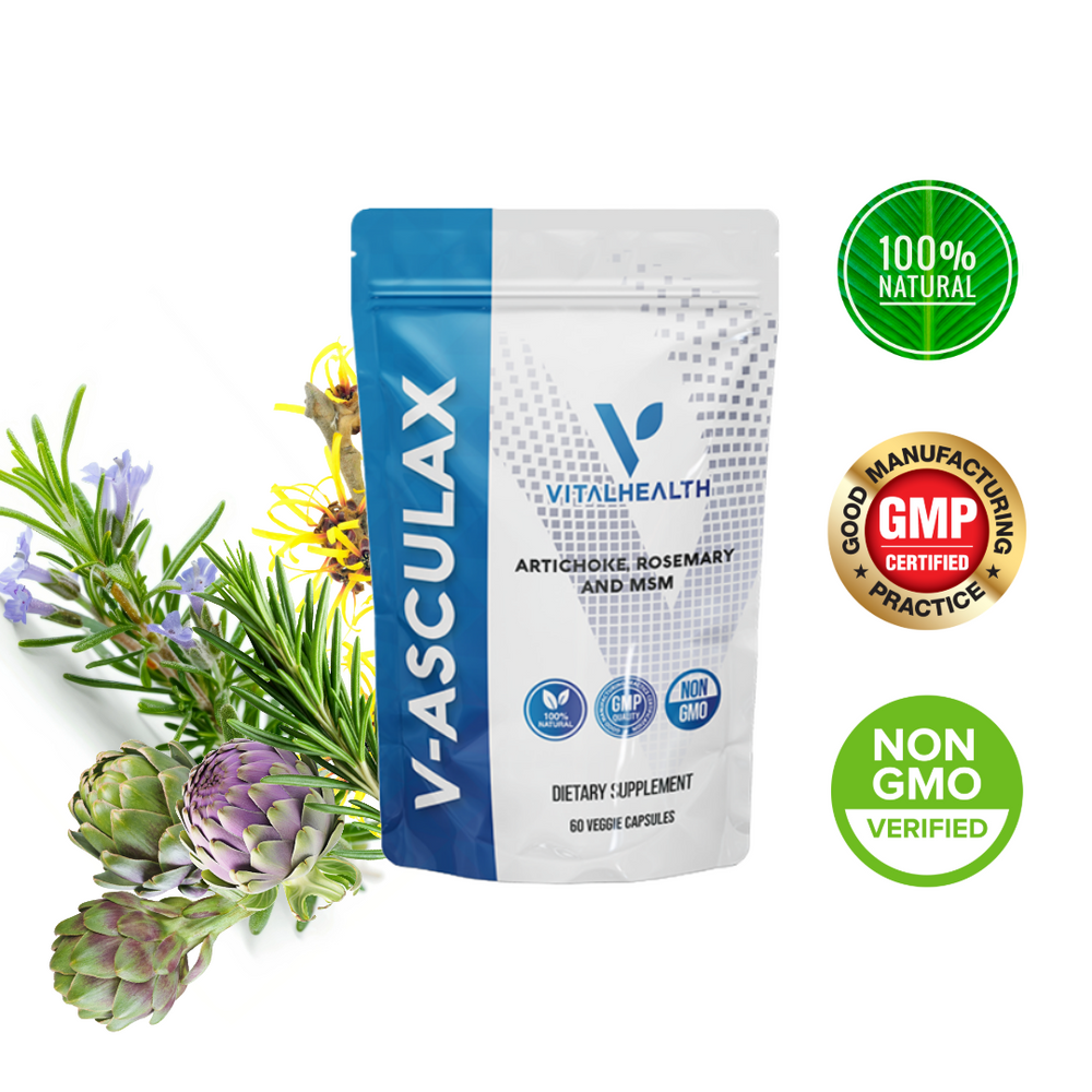 VITALHEALTH V-ASCULAX Artichoke, Rosemary, and MSM 100% Natural and Organic,  GMP Certified NON GMO Verfied Dietary Supplement 60 Veggie Capsules