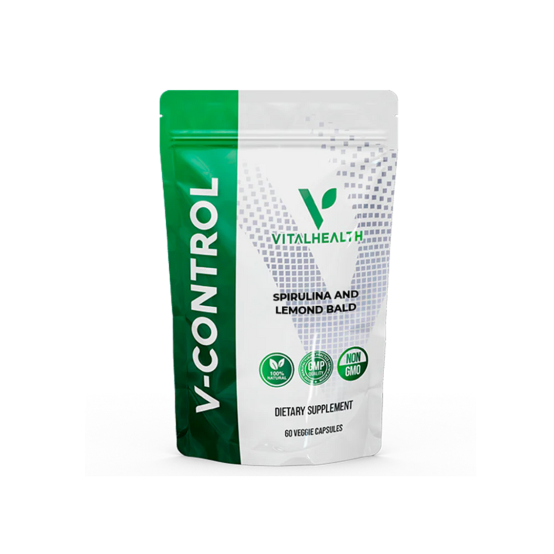 VITALHEALTH V- Control Dietary Supplement 60 Veggie Capsules. 100% Natural, Good Manufacturing Pratice Certifide, Non GMO Verified. Spirlina, Lemon Balm, and Mexican Hawthorn