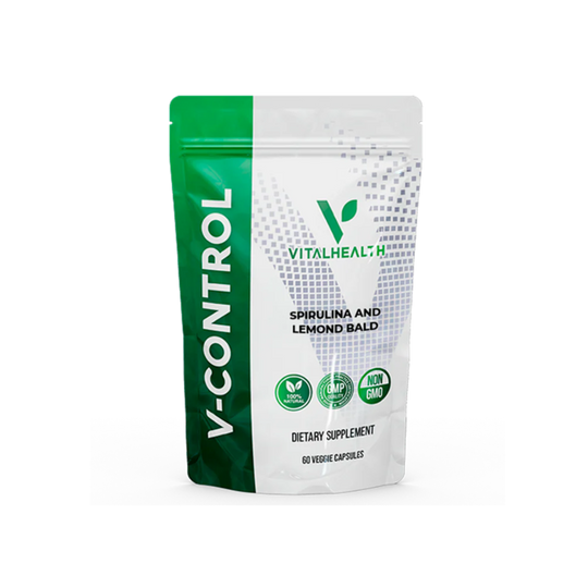 VITALHEALTH V- Control Dietary Supplement 60 Veggie Capsules. 100% Natural, Good Manufacturing Pratice Certifide, Non GMO Verified. Spirlina, Lemon Balm, and Mexican Hawthorn