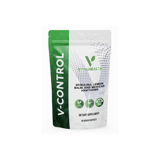 VITALHEALTH V- Control Dietary Supplement 60 Veggie Capsules. 100% Natural, Good Manufacturing Pratice Certifide, Non GMO Verified. Spirlina, Lemon Balm, and Mexican Hawthorn