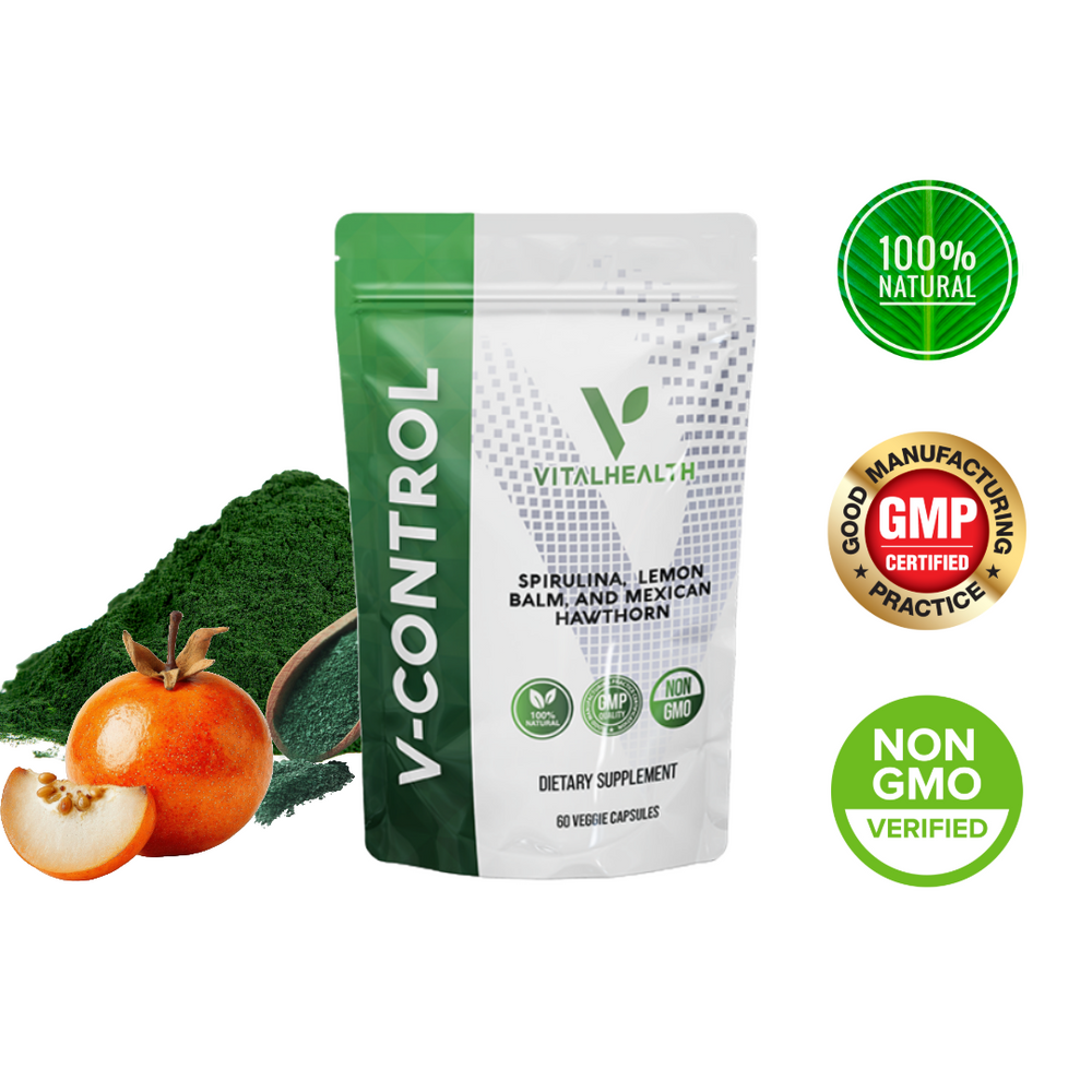 VITALHEALTH V- Control Dietary Supplement 60 Veggie Capsules. 100% Natural, Good Manufacturing Pratice Certifide, Non GMO Verified. Spirlina, Lemon Balm, and Mexican Hawthorn