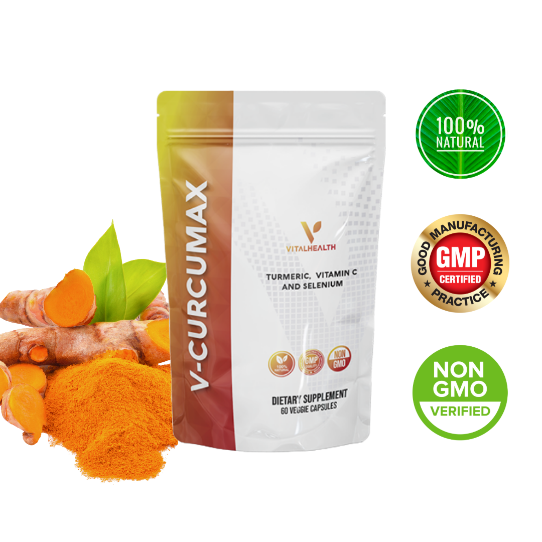 VITALHEALTH V- Curcumax Turmeric, Vitamein C and selenium. 100% Natural, Organic Good Manufacturing Practice Certfied, NON GMO Verified Dietary Supplement 60 Veggie Capsules