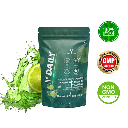 VITALHEALTH V-Daily Natural Lime Flavored Powdered Dietary Supplement  Multivitamin Powder 150g  NON GMO, 100% Natural GMP Certified