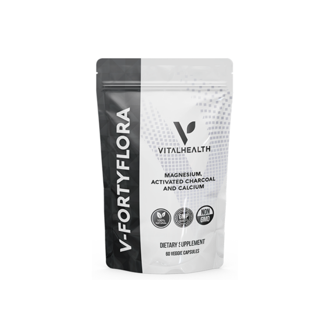 VITALHEALTH V-FORTYFLORA Magnesium, Activated Charcoal and Calcium Dietary Suplement 60 Veggie Capsules 100% Natural and Organic, NON GMO Verified , GMP Certified