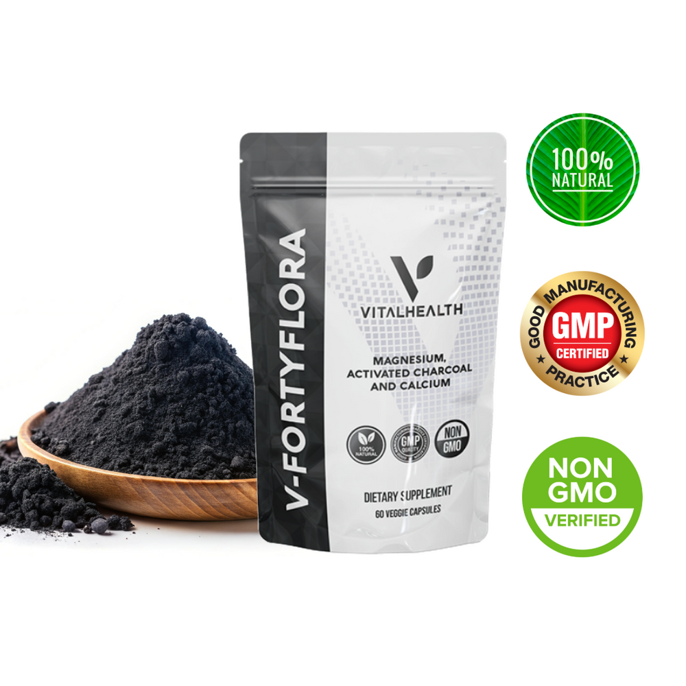 VITALHEALTH V-FORTYFLORA Magnesium, Activated Charcoal and Calcium Dietary Suplement 60 Veggie Capsules 100% Natural and Organic, NON GMO Verified , GMP Certified