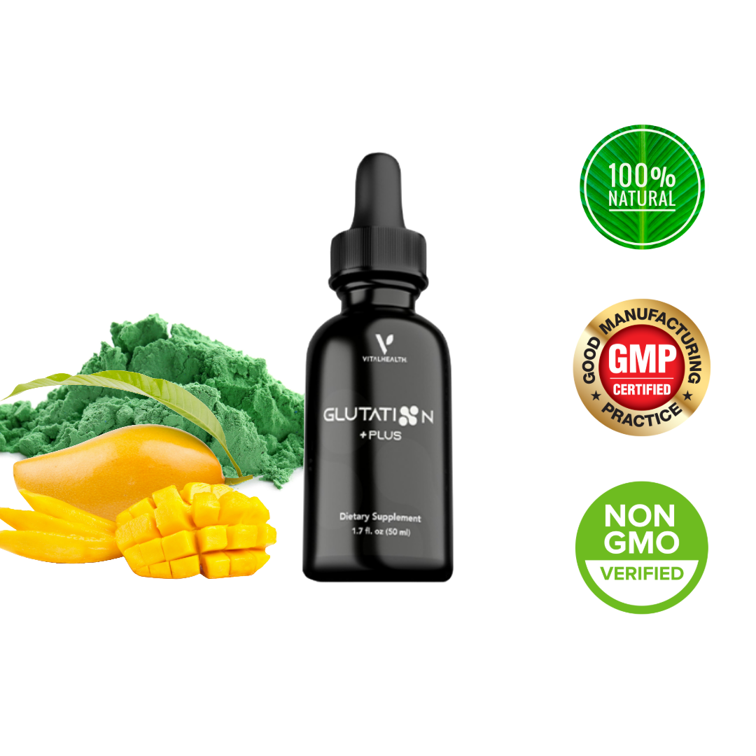 VITALHEALTH Glutation Plus 100% Natural & Organic (GMP Certified) Good Manufacturing Pactice NON GMO Verified Dietary Supplement 50 ml with Mango and Chlorophyll Background 