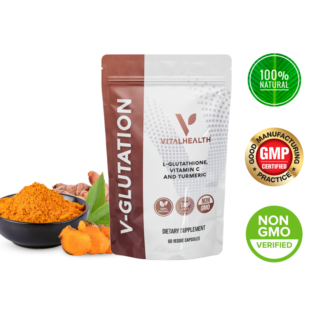 VITALHEALTH V-Glutation L-Glutathione Vitamin Cand Turmeric 100% Natural and Organic GMP Certified NON GMO Verified Dietary Supplement 60 Veggie Capsules