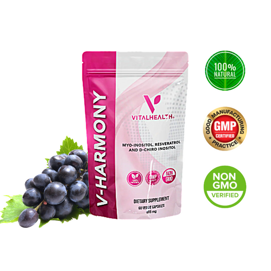Vital Health V-Harmony  Dietary Supplement Non-GMO, GMP Certified 100% Natural. with Black Grapes Background