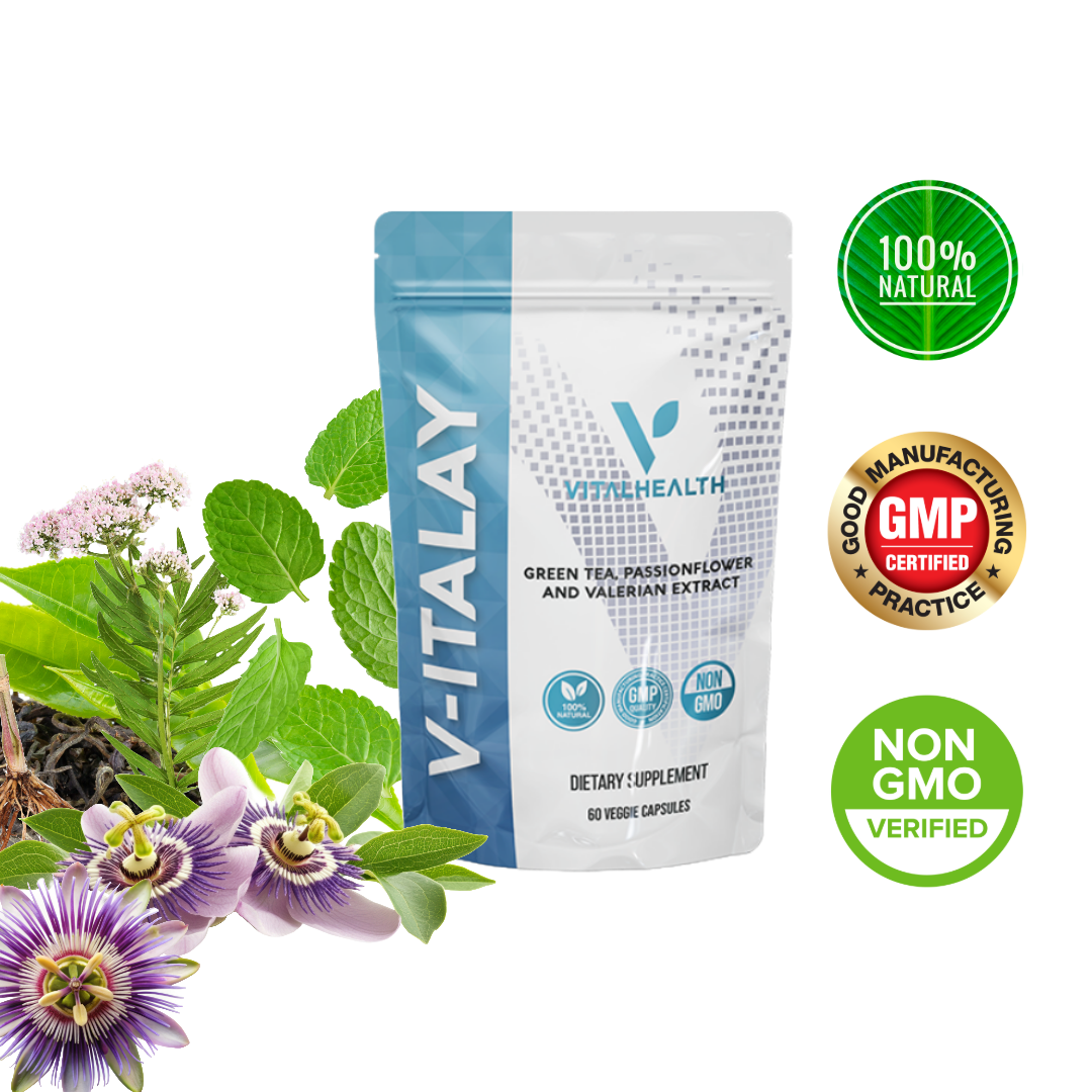 VITALHEALTH V-ITALAY Dietary Supplement 60 Veggie Capsules Gren Tea, Passionflower and valerian Extract 100% Natural and Organic NON GMO verified, GMP (Good Manufacturing Practice) Certified