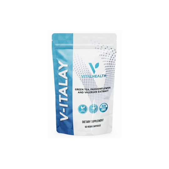 VITALHEALTH V-ITALAY Dietary Supplement 60 Veggie Capsules Gren Tea, Passionflower and valerian Extract 100% Natural and Organic NON GMO verified, GMP (Good Manufacturing Practice) Certified