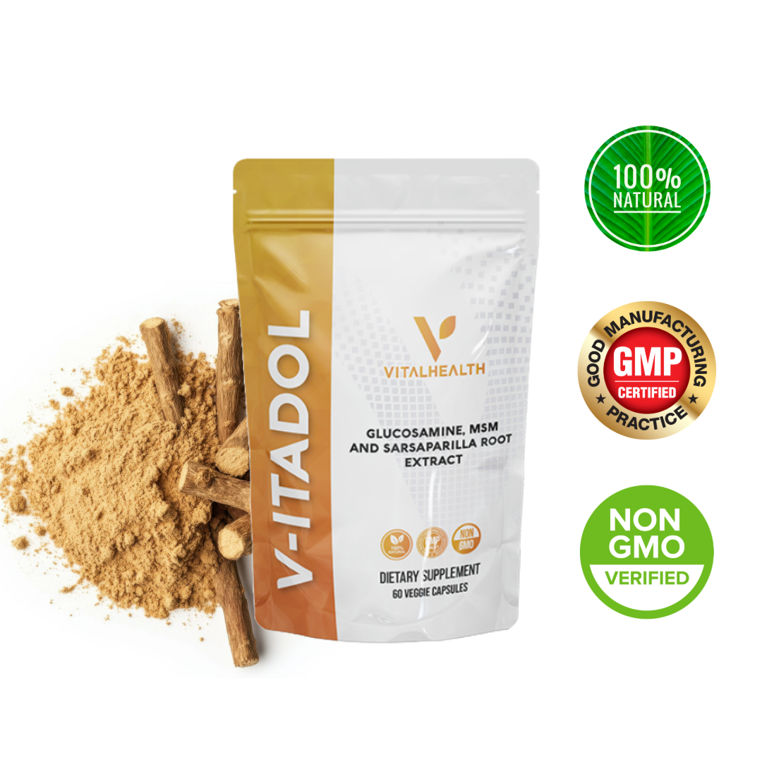 VITALHEALTH V-Itadol Glucosamine, MSM, and Sarsaparilla Root Extract GMP Cetified NON GMO Verfied and 100% Natural & Organic