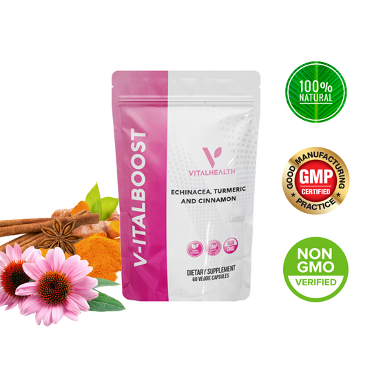 VITALHEALTH V-Italboost Echinacea, Tumeric, and Cinnamon: 100% Natural and Organic, Good Manufacturing Practice Certified NON GMO Verified Dietary Supplement 60 Veggie Capsules