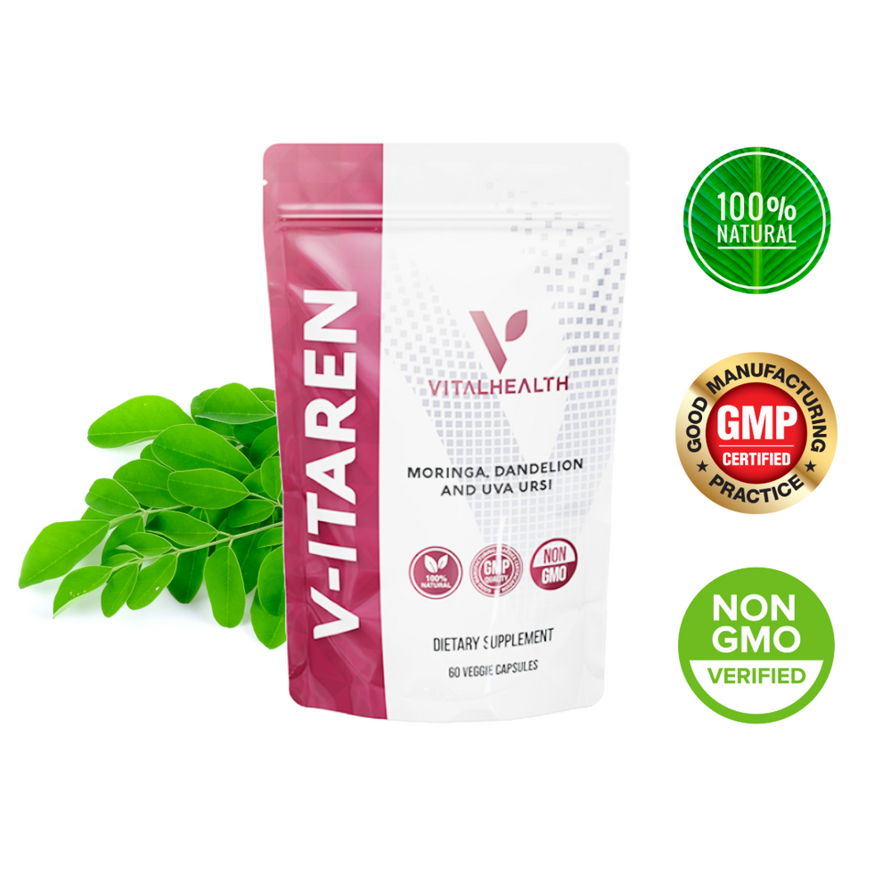 V-Itaren with Moriga leaves bacground. Moringa, Dandelion, and Uva Ursi Dietary Supplement 60 veggie capsules. Non GMO Verified, GMP Certified, 100% Natural Ingredients