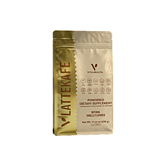 Vitalhealth LatteKafe powdered dietary supplement in a gold and beige stand-up pouch, natural vanilla flavored, 330g, on a white background.