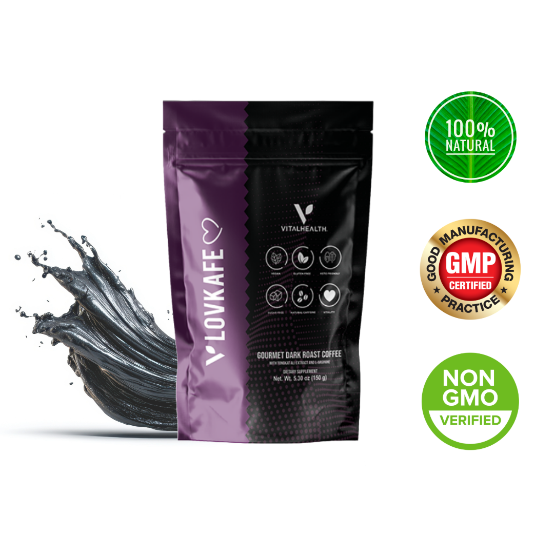 VITALHEALTH VLovekafe Vegan, Gluten Free, Sugar Free, Natural, NON GMO, Good Manufacturing Practice Certified Gourmet Dark Roast Coffee with Tongkat Ali Extract and L-Arginine Dietary Supplement 150 g