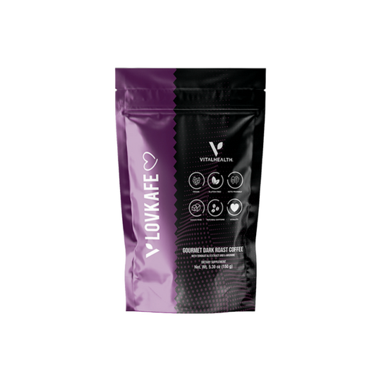 VITALHEALTH VLovekafe Vegan, Gluten Free, Sugar Free, Natural, NON GMO, Good Manufacturing Practice Certified Gourmet Dark Roast Coffee with Tongkat Ali Extract and L-Arginine Dietary Supplement 150 g