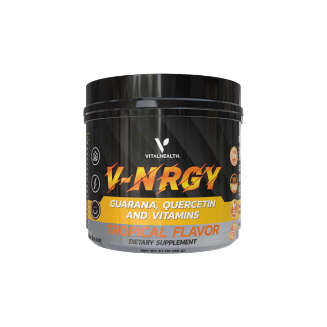 VITALHEALTH V-NRGY Guarana, Quercetin, and Vitamins Tropical Flavor Dietary Supplement 90g. 100% Natural, Good Manufacturing Practiceand NON GMO Verified