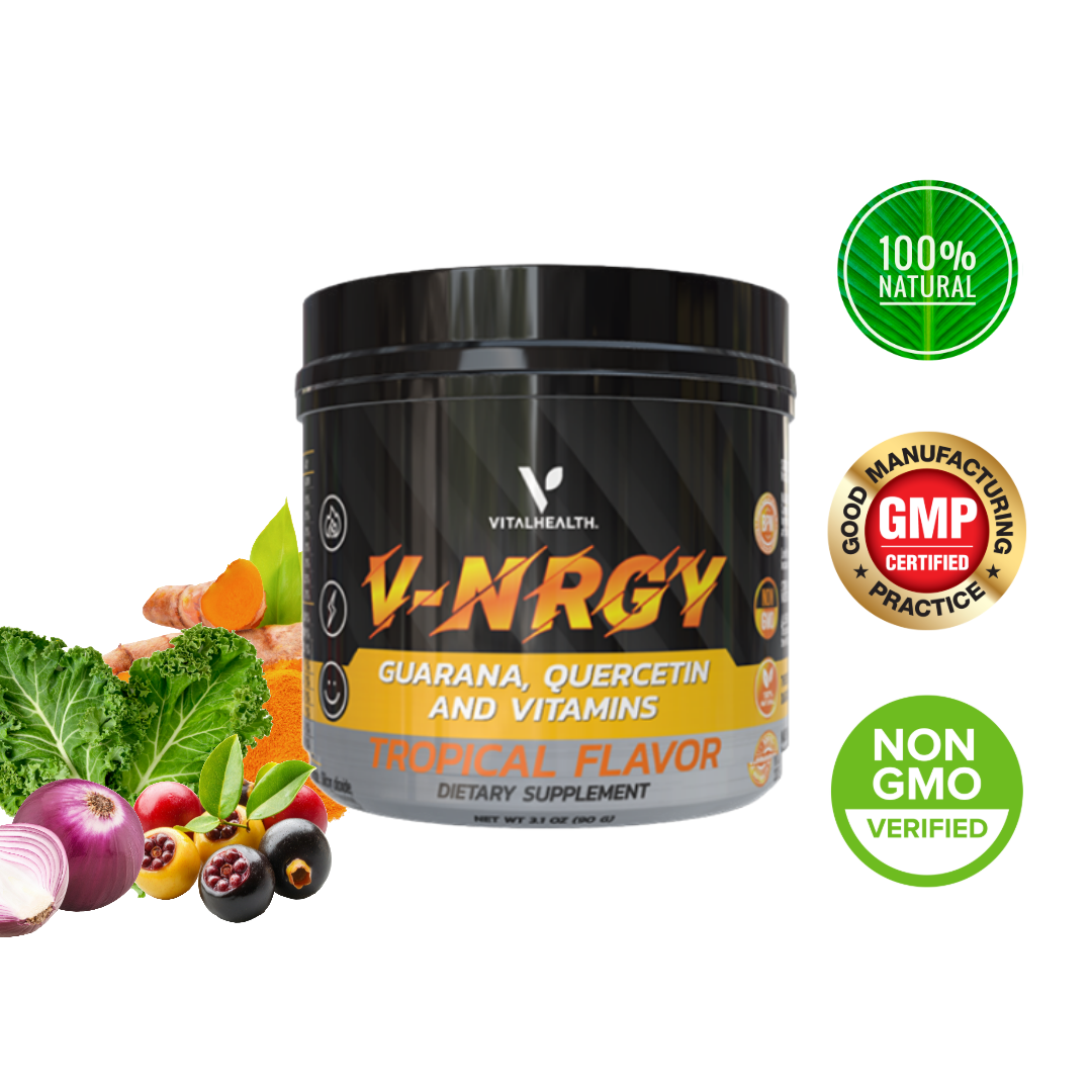 VITALHEALTH V-NRGY Guarana, Quercetin, and Vitamins Tropical Flavor Dietary Supplement 90g. 100% Natural, Good Manufacturing Practiceand NON GMO Verified
