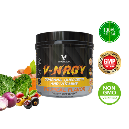 VITALHEALTH V-NRGY Guarana, Quercetin, and Vitamins Tropical Flavor Dietary Supplement 90g. 100% Natural, Good Manufacturing Practiceand NON GMO Verified