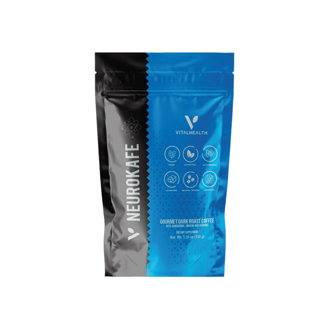 VITALHEALTH Neurokafe Natural Caffeine, Sugar Free, Gluten Free, Vegan, Non GMO, Good Manufacturing Practice Certified Gourmet Dark Roast Coffee with ganoderma, Ginseng and Vitamins Dietary Supplement 150 g