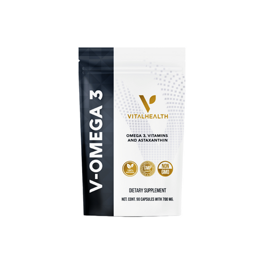 VITALHEALTH V-OMEGA 3 Vitamins and Astaxanthin 100% Naturals, GMP Certified NON GMO Verified Dietary Supplements 90 Capsules (700 MG)