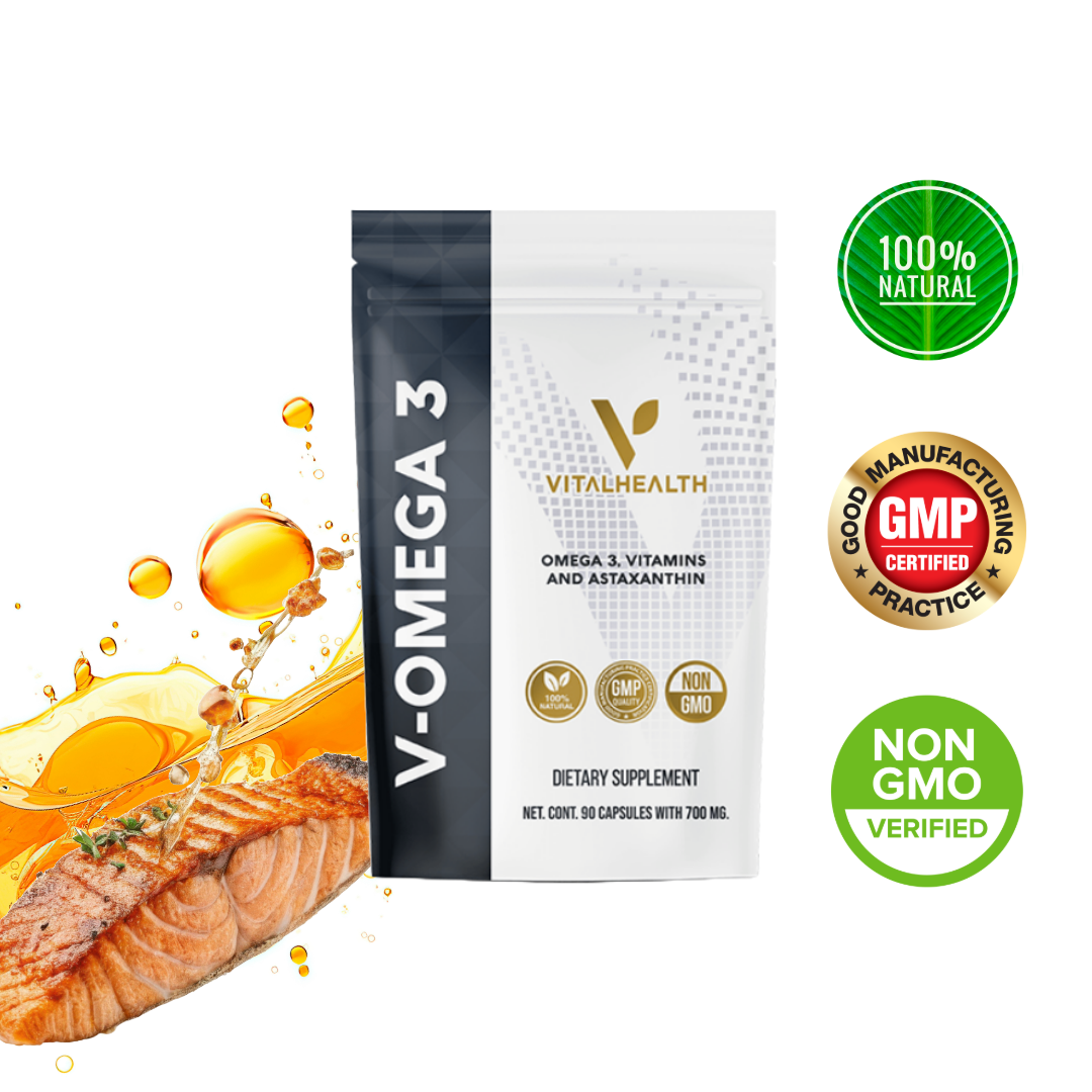 VITALHEALTH V-OMEGA 3 Vitamins and Astaxanthin 100% Naturals, GMP Certified NON GMO Verified Dietary Supplements 90 Capsules (700 MG)