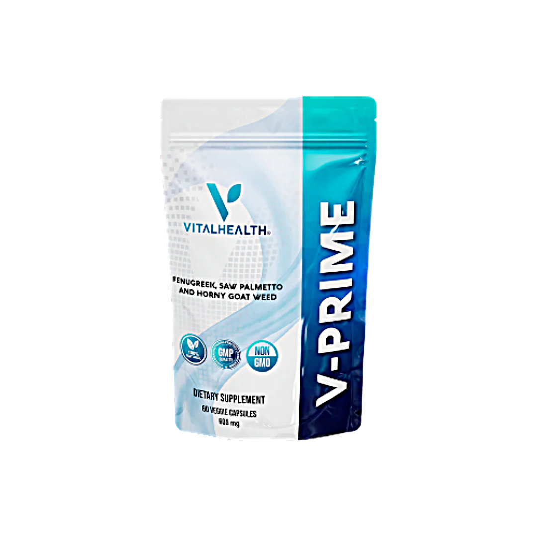 V-Prime dietary supplement pouch by Vital Health, featuring a white and blue design with a prominent teal vertical stripe on the right side, set against a plain white background.