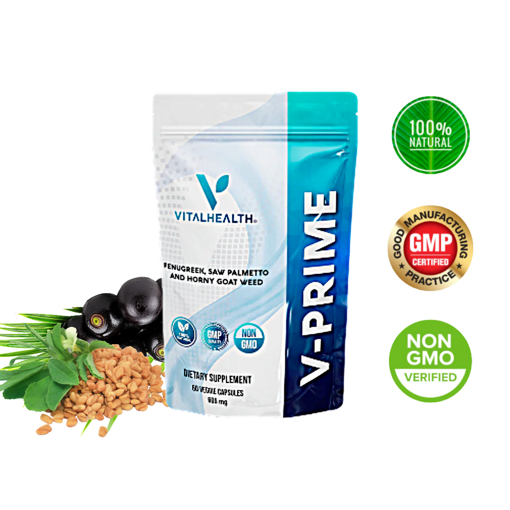 V-Prime dietary supplement pouch by Vitalhealth, shown on a white background with  herbal ingredients  Fenugreek and saw palmetto, and certification-style badges including 100% Natural, GMP Certified, and Non GMO Verified.
