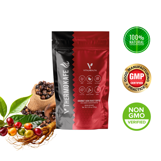 VITALHEALTH Thermokafe Vigan, Gluten Free, Sugar Free, 100% Natural Caffene, Energy,  Good Manufacturing practie. NON GMO Verified Gourmet Dark Roast Coffee with L-Carnitine, Guarana and Green Tea Dietary Supplement  15  g