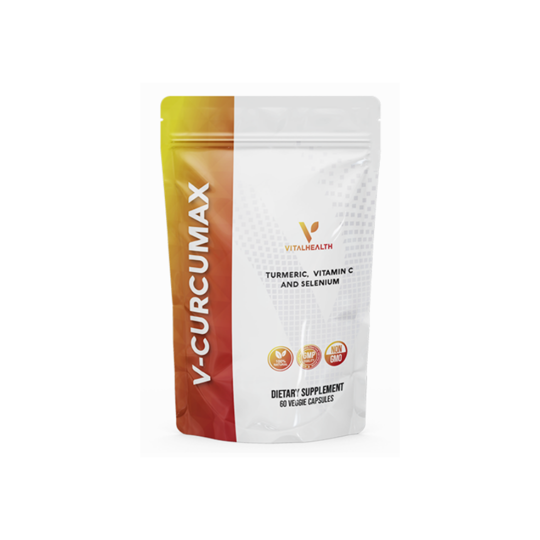 VITALHEALTH V- Curcumax Turmeric, Vitamein C and selenium. 100% Natural, Organic Good Manufacturing Practice Certfied, NON GMO Verified Dietary Supplement 60 Veggie Capsules