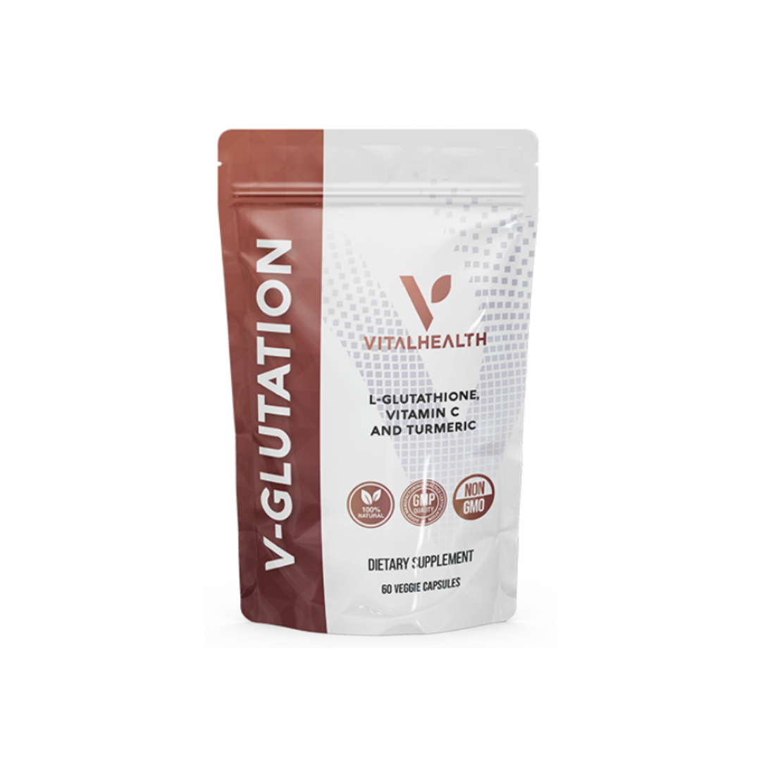 VITALHEALTH V-Glutation L-Glutathione Vitamin Cand Turmeric 100% Natural and Organic GMP Certified NON GMO Verified Dietary Supplement 60 Veggie Capsules