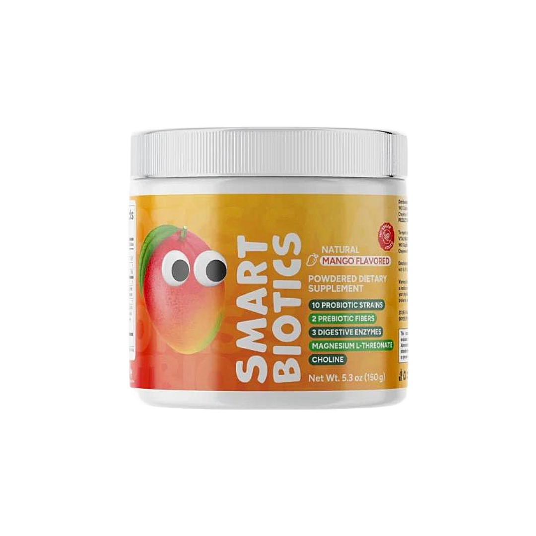 Smart Biotics Natural Mango Flavored Probiotic Dietary Supplement: 10 Probiotics Strains, 2 Prebiotic Fibers, 3 Digestive Enzymes, Magnesium L-Threonate, Choline Net Wt. 5.3 oz (150g)