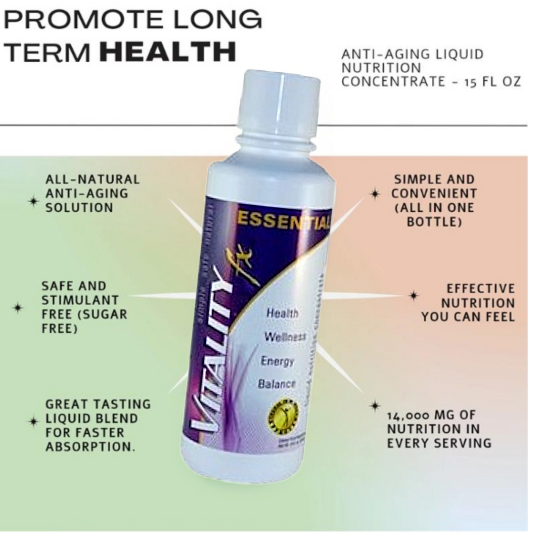 A bottle of Vitality Essential Anti-Aging Liquid Nutrition Concentrate shown on a promotional graphic with text callouts about health, nutrition, and convenience.