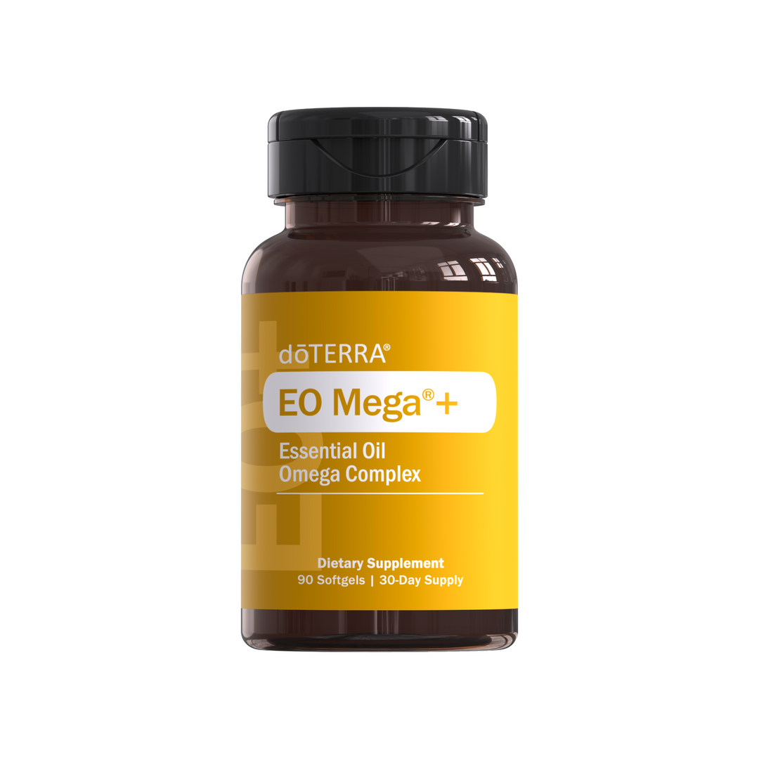doTERRA EO Mega+ Essential Oil Omega Complex Dietary Supplement bottle on a white background
