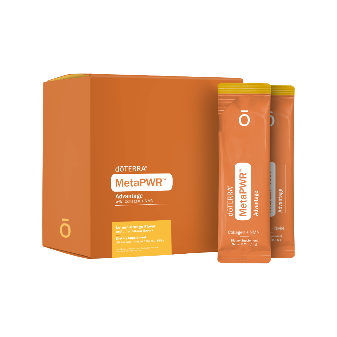 doTERRA MetaPWR Advantage with Collagen + NMN Lemon-Orange Flavor Dietary Supplement 30 sachets product packaging on a white background