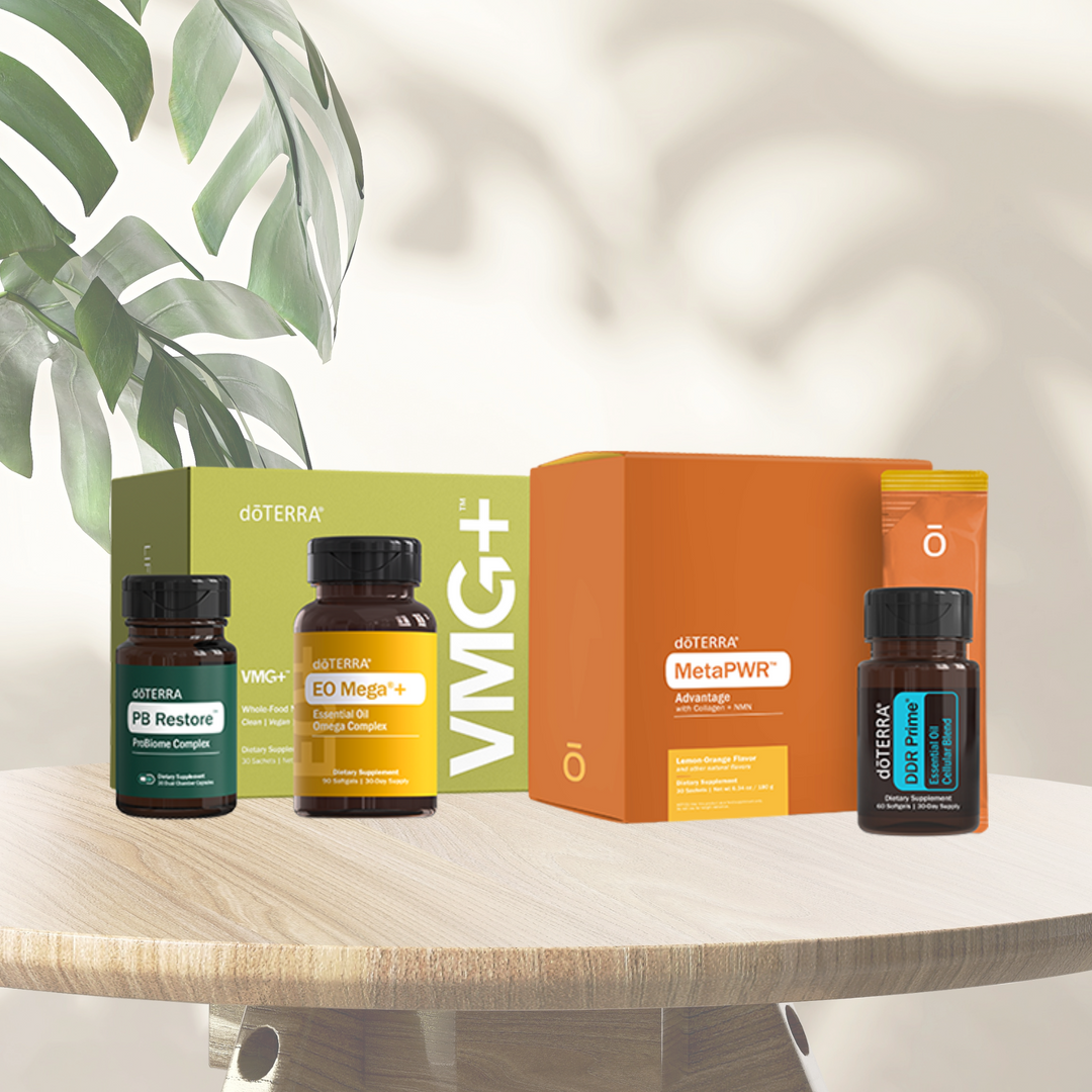 Collection of DoTerra products 90-Day Reset Renew Month 3 Kit on the table with a plant in the background.