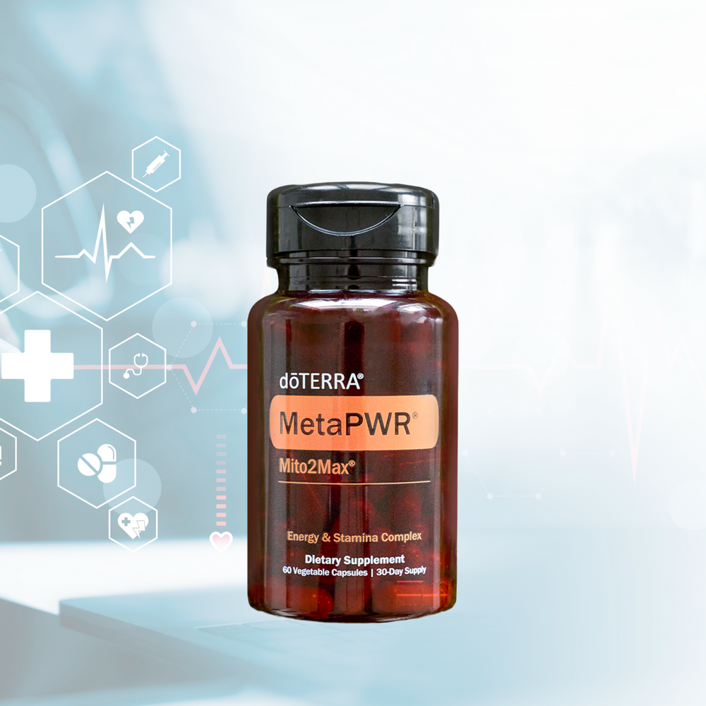 doTERRA MetaPWR Mito2Max dietary supplement bottle, 30-Day supply on a light blue background with health icons.